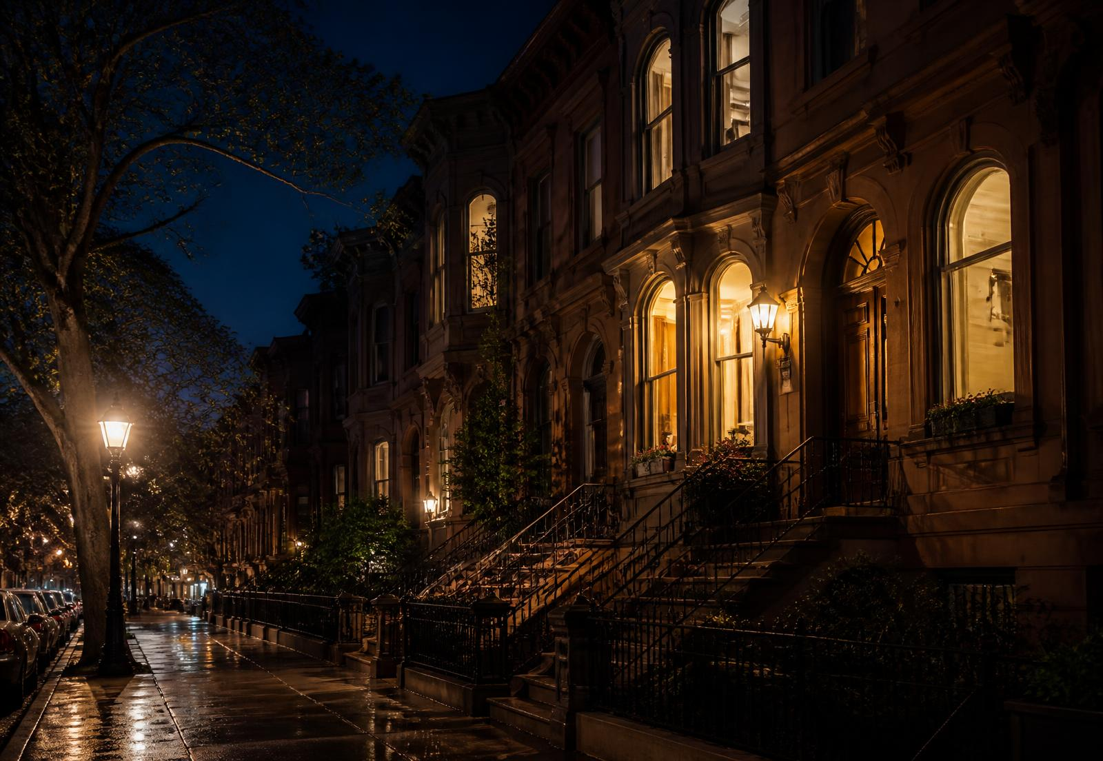 Classic brownstone row houses at night